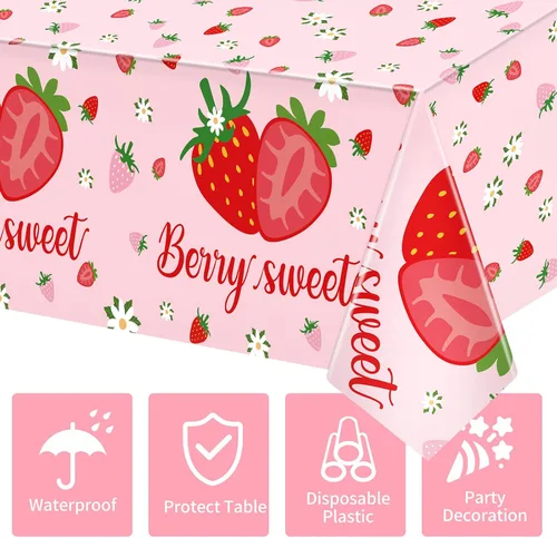 Miniatura 3 de Juego de 3 manteles de fresa de 54 x 108 pulgadas, mantel de plástico desechable para juegos de fiesta de cumpleaños de fresa, decoración, picnics
