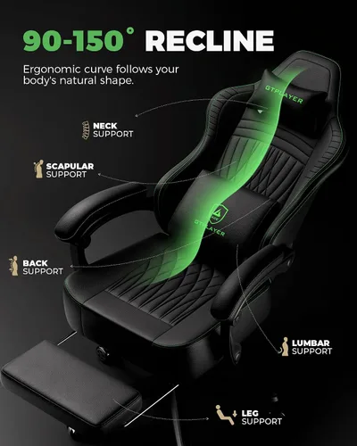 Miniatura 6 de GTPLAYER Silla de juegos para adultos, sillas ergonómicas de videojuegos, reposapiés y reposabrazos de acoplamiento, silla reclinable de respaldo