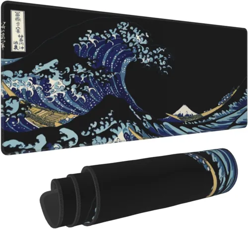Alfombrilla de mouse para juegos de Japón Sea Great Wave Black XXL XL grande para escritorio, antideslizante, larga extendida, alfombrilla de mouse