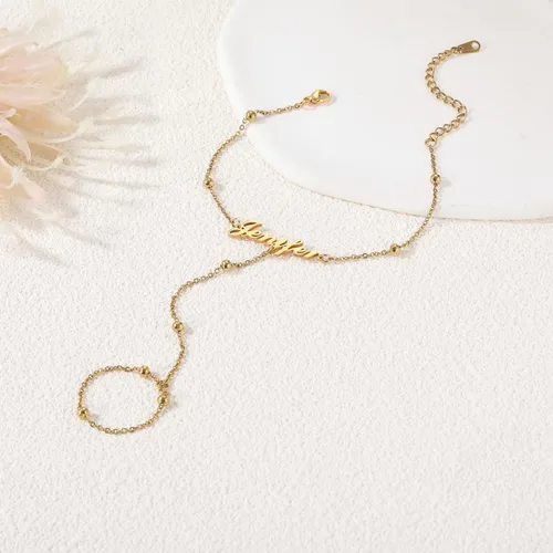 Miniatura 5 de MMXX Pulseras de cadena de mano con nombre personalizado para mujer, pulsera de anillo de dedo de oro delicada pulsera de moda bohemia cadena