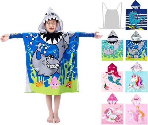 Miniatura 14 de growell Toallas de playa con capucha para niños, toalla de baño para niños de 4 a 10 años, toallas de piscina para niños, de secado rápido, poncho