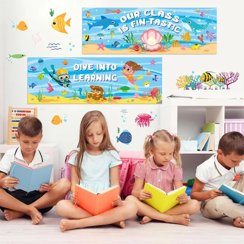 Miniatura 6 de Yeaqee 2 carteles con temática oceánica de 1 x 3 pies, telón de fondo de fotografía para aula, decoración de tablón de anuncios de bienvenida, telón