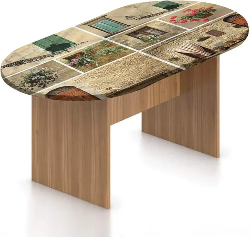Miniatura 19 de Mantel ovalado ajustable italiano de poliéster elástico, mantel ajustable con estampado de paredes de Pienza en la Toscana, se adapta a mesas