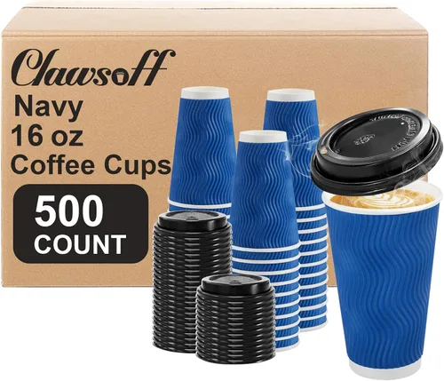 Miniatura 10 de Clawsoff Paquete de 100 tazas de café con tapas, de 8 onzas, desechables, aisladas, onduladas, para bebidas frías/calientes, oficina, hogar, tienda
