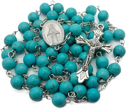 Nazareth Store Collar de cuentas de piedra de mármol azul cielo rosario turquesa con cuentas de medalla milagrosa católica y cruz de Jesús 20