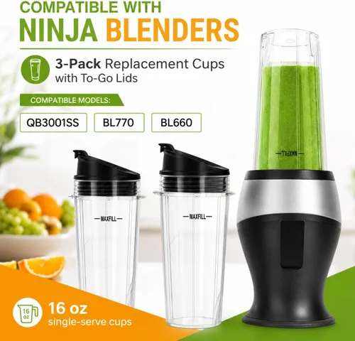 Miniatura 3 de Vasos de repuesto de 16oz para licuadora Ninja - Paquete de 3 vasos de licuadora Ninja con tapas, compatibles con Ninja QB3001SS, BL770, BL780
