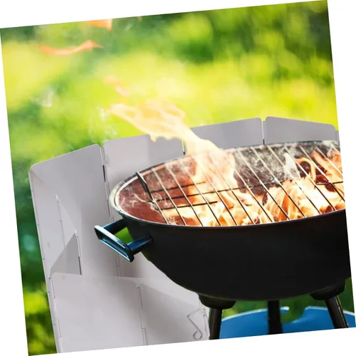 Miniatura 7 de GANAZONO 1pc Barbacoa Parabrisas Protector Protector de salpicaduras al aire libre Parabrisas al aire libre Aleación de aluminio plateado Utensilios