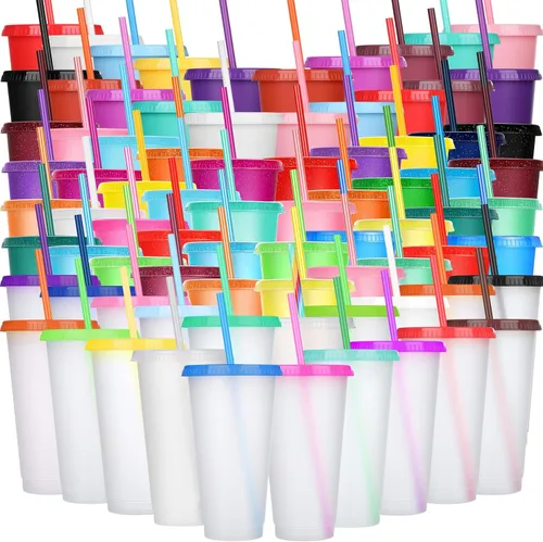 Miniatura 9 de Honeydak Paquete de 60 vasos con popote y tapa, vasos a granel para regalos, tazas de café de plástico con purpurina de 24 a 27 onzas, botella