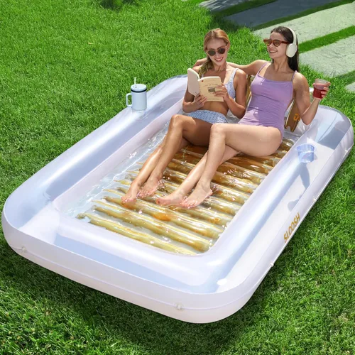 Miniatura 10 de SLOOSH Flotador inflable para adultos, con almohada, 216 x 145 cm, 4 en 1: balsa estilo tina bronceadora, camastro para tomar el sol, para fiestas
