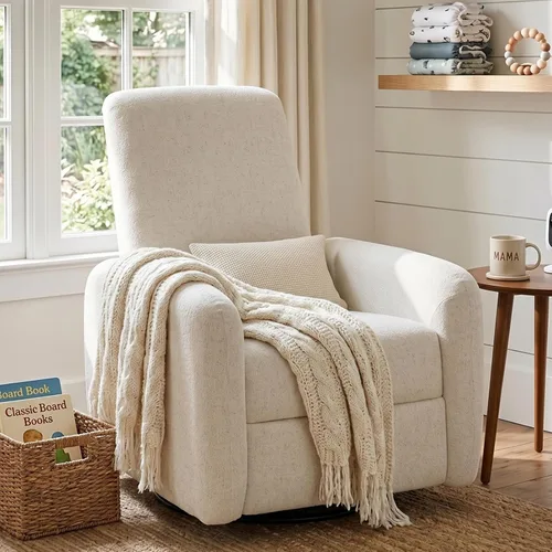Miniatura 10 de Power Nursery Recliner Rocking Chair with Waist Pillow, Comfy Teddy Farbric, High Back & Lumbar Support Swivel Gilder Recliner for Adults, Living