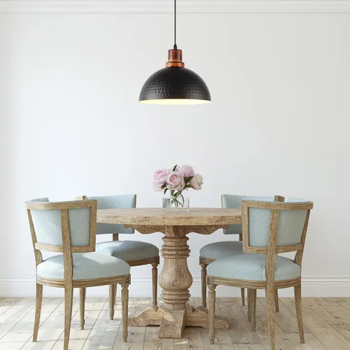 Miniatura 6 de Luces Colgantes Negras para Isla de Cocina, 11.8" Metal Martillado Negro Lámpara Colgante de Cúpula Iluminación Colgante Negra y de Madera Accesorio