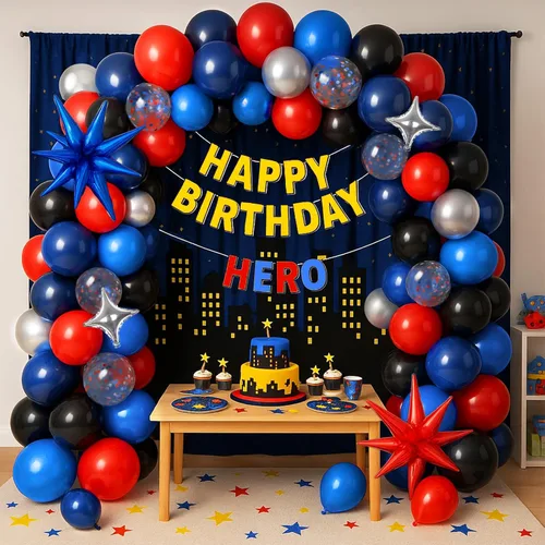 Miniatura 3 de Kit de arco de globos de araña de 147 piezas con globos de estrella, azul marino, rojo, negro, plateado, superhéroe, guirnalda temática de béisbol