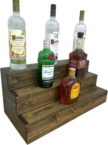 Miniatura 17 de Estantería de exhibición escalonada hecha a mano, exhibición de barra de tres niveles, organizador de barra, exhibición de botellas de licor