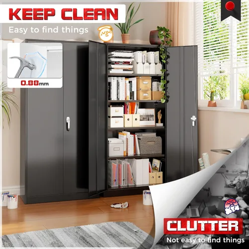 Miniatura 7 de Pataku Armario de almacenamiento de metal con cerradura, gabinete de garaje negro de 71 pulgadas de alto con 2 puertas y 4 estantes ajustables