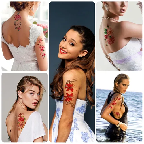 Miniatura 3 de Tatuajes temporales florales de 21 hojas, diseños brillantes de peonías y rosas en 3D, arte corporal impermeable para mujeres y niñas, calcomanías