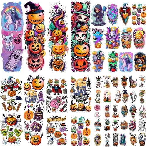 Tatuaje temporal de brazo completo para niños, 52 hojas de tatuajes falsos de Halloween realistas para niños y niñas, recuerdos de fiesta de