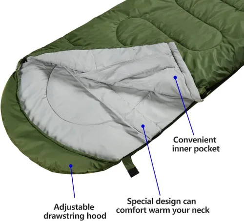 Miniatura 3 de Saco de dormir de 3 a 4 estaciones para adultos y niños, bolsa de camping ligera y cálida para clima frío con saco de compresión impermeable - Verde