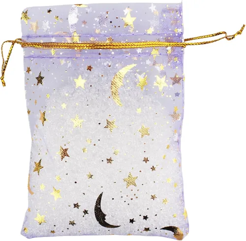 Miniatura 10 de QIANHAILIZZ - 100 bolsas de organza con diseño de estrellas y lunas para joyas, para regalo de caramelos, regalo de matrimonio, con cordón
