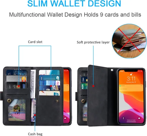 Miniatura 2 de UEEBAI Funda tipo cartera para iPhone SE 2022 5G/iPhone 7/iPhone 8/iPhone SE 2020, retro con 9 ranuras para tarjetas, bolsillo con cremallera, funda