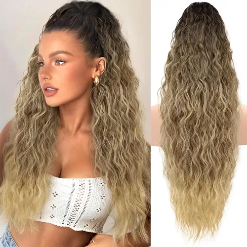 Miniatura 46 de KooKaStyle Extensión de cola de caballo con cordón de 26 pulgadas (66 cm) para mujeres, extensiones de cabello sintético rizado largo para uso
