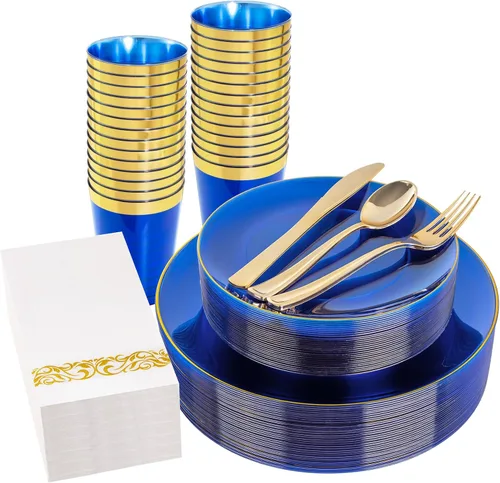 Miniatura 24 de YOUBET 125 piezas de platos de plástico negros y dorados - Platos desechables negros con borde dorado - Incluye 25 platos de cena, 25 platos