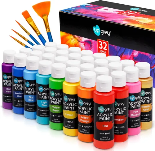 UPGREY Juego de pintura acrílica de 32 colores, pinturas artísticas no tóxicas (2 onzas líquidas cada una) con 5 pinceles de pintura para 32 colores