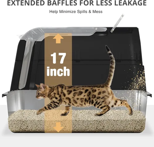Miniatura 6 de Caja de arena para gatos de acero inoxidable con tapa, caja de arena grande XL cerrada para gatos de alta cara, caja de metal para gatos con tapa