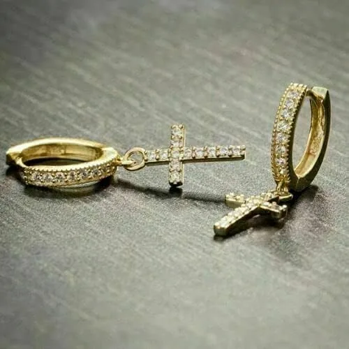 Miniatura 2 de TISHYA JEWELLERS Pendientes de aro colgantes con cruz de diamantes redondos de 2.00 quilates para hombre de oro amarillo de 14 quilates Fn, Piedra