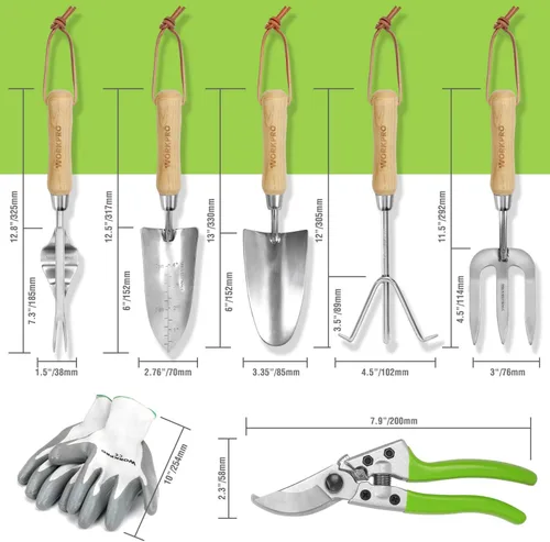 Miniatura 2 de WORKPRO Juego de herramientas de jardín, 8 piezas, herramientas de jardinería resistentes de acero inoxidable con mango de madera, incluyendo bolsa