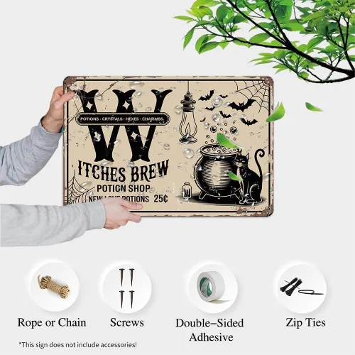 Miniatura 2 de Letrero de metal vintage con texto en inglés «Witches Brew Potion Shop», 8 x 12 pulgadas, diseño de bruja gótica, para porche, pubs, cafetería