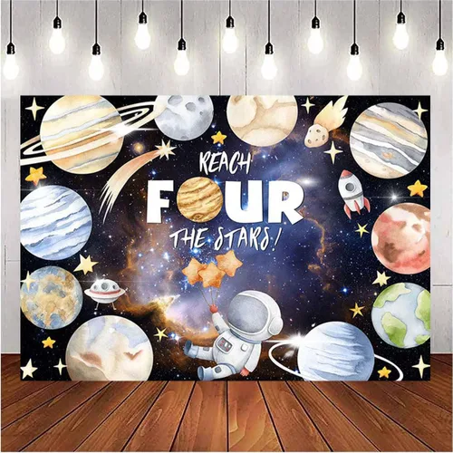 Miniatura 6 de Reach Four The Stars Space - Fondo de cumpleaños para niños, fiesta de 4º cumpleaños, temática de astronauta, decoración de fiesta de cumpleaños