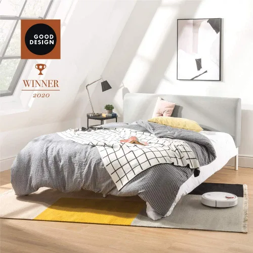 Miniatura 3 de Mellow BREE - Cama de plataforma de metal con cabecera curvada y tapizada, listones de acero, fácil montaje, gris cielo, tamaño matrimonial