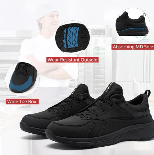 Miniatura 3 de Zapatos de trabajo antideslizantes para hombres resistentes al agua - Zapatos de cocina anchos y cómodos para cocinero, servicio de alimentos, sin