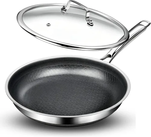 Sartenes antiadherentes, sartén híbrida de titanio de 10 pulgadas con tapa, mango que se mantiene fresco, sartén profesional, apto para