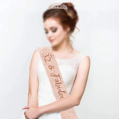 Miniatura 2 de BRT Bearingshui Tiara de cumpleaños de oro rosa, fabulosa banda y tiara para mujer, recuerdo de fiesta de cumpleaños número 32, Metal