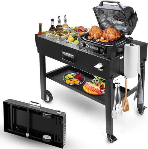 Carrito de parrilla plegable para Blackstone 17/22, Ninja Woodfire OG700, Ooni Pizza Oven – Mesa de parrilla portátil con ruedas, estación de