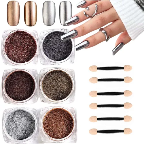 6 cajas de polvo de uñas cromado, efecto espejo metálico para uñas, holográfico, dorado, bronce, cromado, plateado, negro, marrón, purpurina