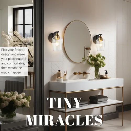 Miniatura 7 de Hamilyeah Juego de 2 apliques de pared dorados, apliques negros con pantalla de vidrio champán transparente, iluminación industrial para baño