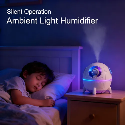 Miniatura 5 de Humidificadores de niebla fría, mini humidificador USB, lindo humidificador en forma de nave espacial, humidificador portátil de luz ambiental