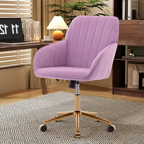 Silla de oficina en casa, silla giratoria de terciopelo para escritorio, sillón tapizado moderno con base dorada para niñas y mujeres, asiento de