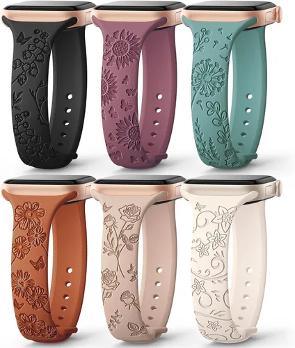 Miniatura 10 de AMSKY Paquete de 6 correas delgadas con grabado floral compatibles con Apple Watch Band 1.575 in 1.614 in 1.654 in 1.496 in 1.732 in 1.772 in 1.811