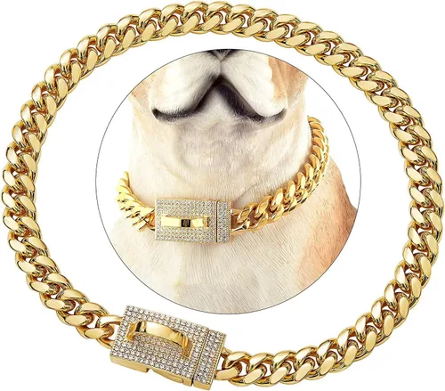 Miniatura 7 de Collar de cadena dorada para perro, estilo minimalista, con eslabones cubanos de metal para perros medianos y grandes, mascotas, resistente, a