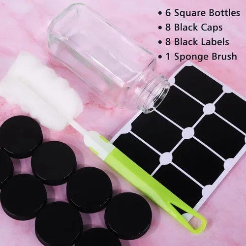 Miniatura 7 de Paquete de 6 botellas de vidrio de 8 onzas, botellas de agua cuadradas de vidrio de 8.5 fl oz con tapas, tarros vacíos reutilizables con etiquetas