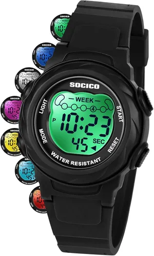 Miniatura 7 de SOCICO Relojes digitales para niños y niñas, 7 luces de color impermeables, reloj deportivo para exteriores con cronómetro, alarma, fecha, gran