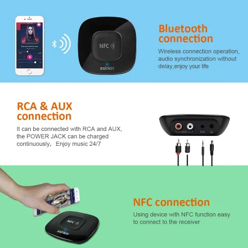 Miniatura 4 de Esinkin Receptor Bluetooth Adaptador de audio inalámbrico 4.0 (NFC habilitado) para sistema de sonido estéreo de música HD