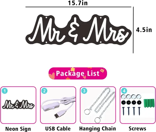 Miniatura 6 de Señal de neón de Mr & Mrs para boda, fiesta, decoración del hogar, funciona con USB, 15.7 x 4.5 pulgadas, letreros de luz LED para dormitorio
