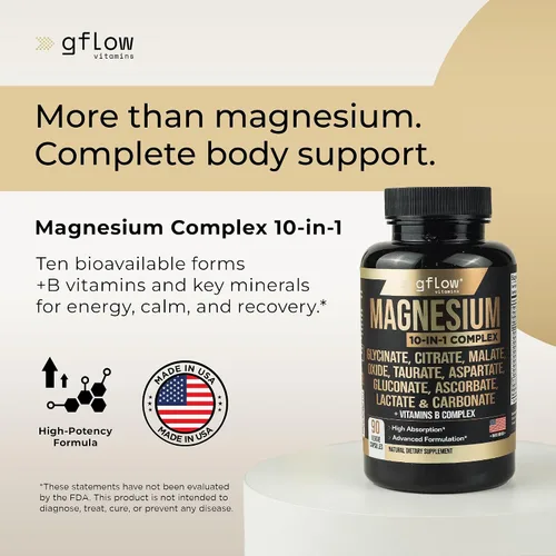 Miniatura 2 de gflow vitamins Suplemento complejo de magnesio – 10 formas activas, glicinato, citrato, malato, óxido, taurato, aspartato, gluconato, ascorbato