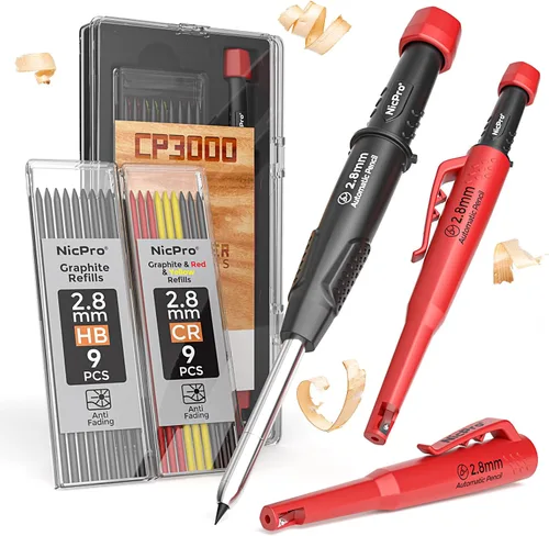 Miniatura 7 de Nicpro Lápiz de carpintero con sacapuntas, lápices mecánicos de carpintero CP3000 con 19 recargas, marcador de agujero profundo para construcción