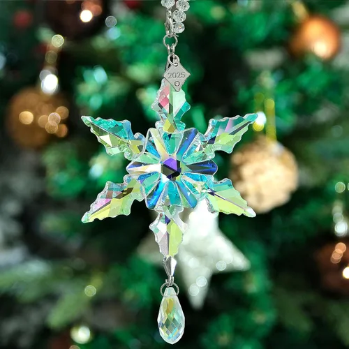 Miniatura 8 de Adornos de Navidad anuales 2025 con estrella de copo de nieve de cristal, adornos para árbol de Navidad, colgante, atrapasoles, decoración colgante