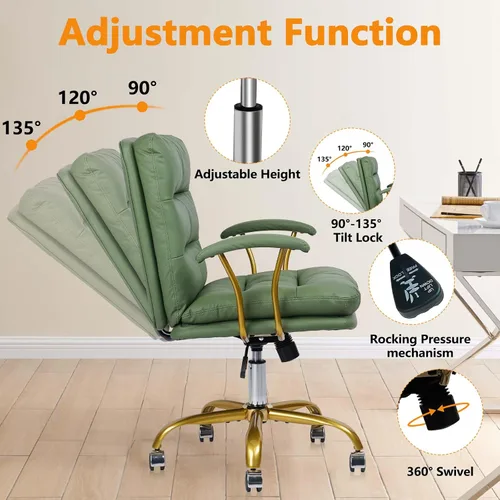 Miniatura 8 de KLASIKA Silla de escritorio de cuero para oficina en casa, silla de tocador con respaldo medio, silla de maquillaje con ruedas doradas y Verde